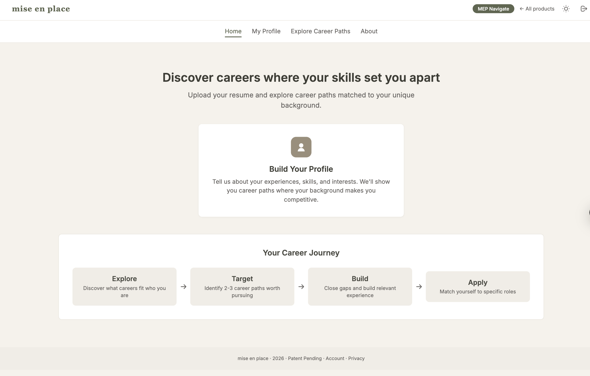 MEP Navigate home screen with Build Your Profile card and Your Career Journey steps