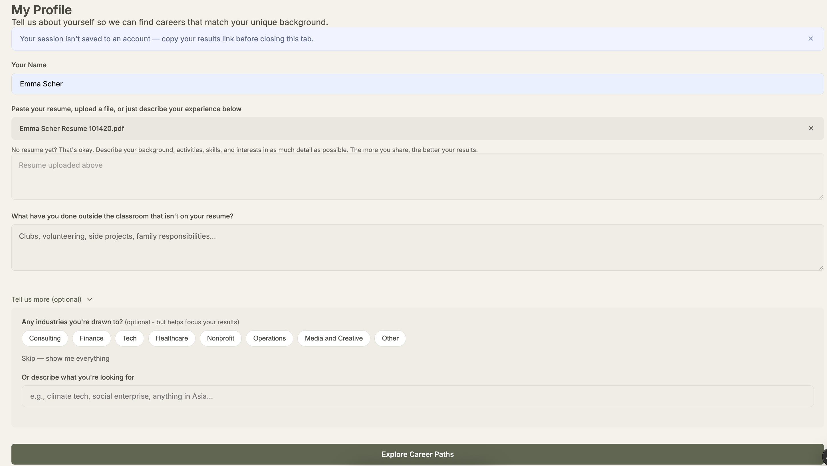 My Profile form showing name field, resume upload, background text area, and Explore Career Paths button