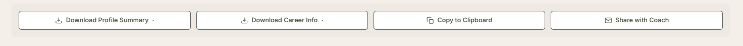 Four buttons: Download Profile Summary, Download Career Info, Copy to Clipboard, and Share with Coach
